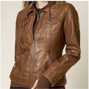 Lock & Love Womens Brown Faux Leather Hooded Aviation Punk Moto Biker Jacket SzM